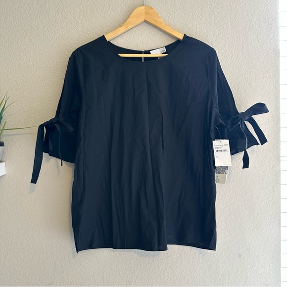 14th & Union Black Slit Sleeve Bow Blouse XL NWT Elegant Office Chic - Picture 2 of 9